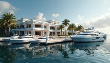 Luxurious waterfront mansion with yachts. Modern architecture property with palm trees, water reflections. Serene landscape scene evokes elegance, opulence of resort lifestyle. Ideal vacation travel