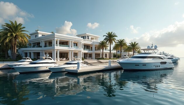 Luxurious waterfront mansion with yachts. Modern architecture property with palm trees, water reflections. Serene landscape scene evokes elegance, opulence of resort lifestyle. Ideal vacation travel - Powered by Adobe