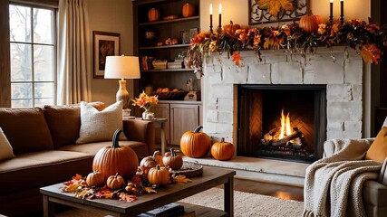 Living room decorated for fall, featuring fireplace with burning logs, pumpkins, and autumn leaves creating a warm, cozy atmosphere - Powered by Adobe