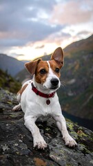 Dog resting on mountaintop