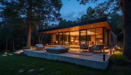 Modern house exterior at night. Luxury home with lawn, chairs, trees. Contemporary architecture in forest, with garden lights. Villa at dusk glows with warm interior lighting.