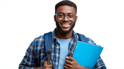 A happy young male student with a blue folder and backpack, part of a diverse community, isolated on a transparent background, diversity, inclusivity, interracial couples, plus-siz