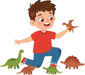 Cartoon Handdrawn Little Boy Playing with Dinosaur Toys Illustration © futureart