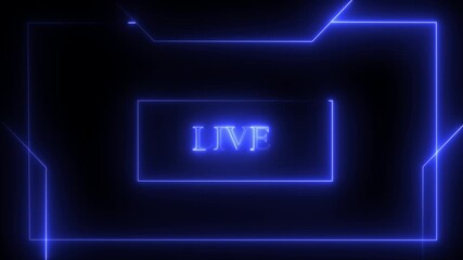 Glowing blue neon L I V E sign with abstract geometric frame on dark background for streaming and