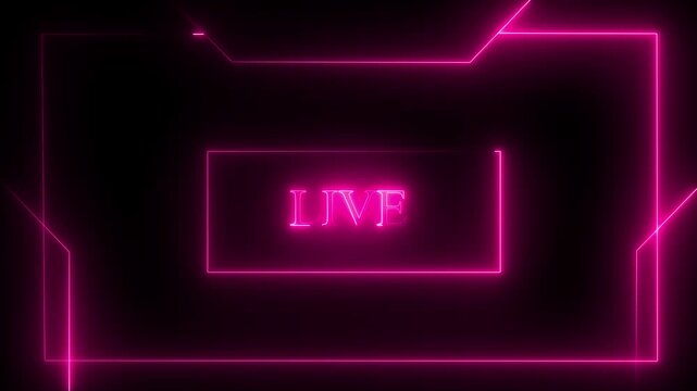 Glowing Neon Pink L I V E Text Overlay with Abstract Geometric Frame for Streaming and Broadcasting