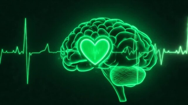 A neon green brain with a beating heart symbolizes mental health and well-being in a modern artistic representation. 4k video