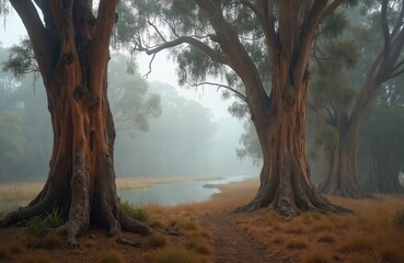 Misty morning in australian bushland. Tall eucalyptus trees with rough bark stand near calm river. Dry grass covers forest floor and path. Foggy atmosphere.