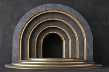 A dark, elegant stage with nested arched frames outlined in gold