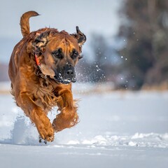 Dog running in snow