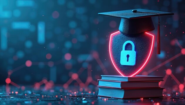 Illustration shows graduation cap over shield with lock symbol on stack of books. Background features digital network, data security concept. Cybersecurity, online learning are the main themes.
