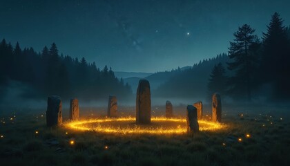 Mystical stone circle under night sky. Illuminated glowing ring around standing stones. Forest surrounds ancient landmark. Scene evokes magic and mystery. Ideal for fantasy or spiritual projects.