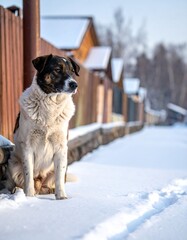 Dog sitting in snowy village