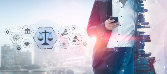 Futuristic digital law interface displaying justice scale, highlighting digital law, AI compliance,...