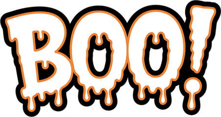 Spooky dripping BOO! lettering with orange outline for Halloween fun and playful invitations, decorations, and seasonal promotions during spooky season