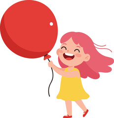 Cartoon Smiling Little Girl Holding Large Red Helium Balloon Illustration