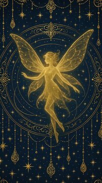 A mystical fairy in golden hues against a starry night sky, captured from a frontal angle, reminiscent of a fantasy video game aesthetic. Live mobile wallpaper.