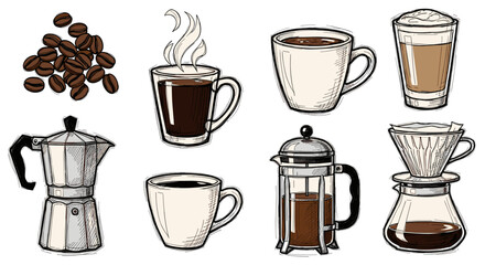 Hand-drawn coffee maker and beans collection svg vector illustration isolated on transparent background