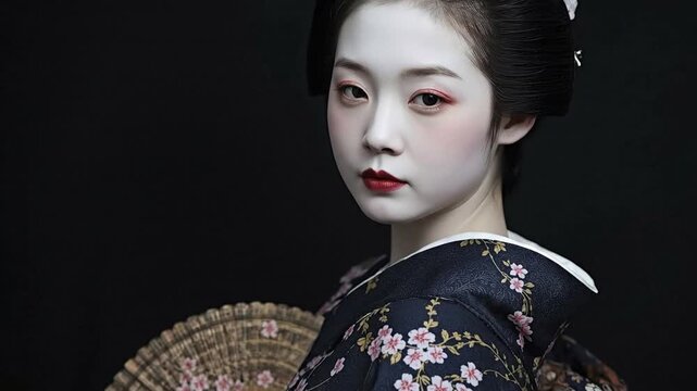 A geisha with white face dark hair  a floral kimono holds a fan against a dark backdrop
