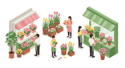 Isometric floral shop scene: florists arranging colorful spring blooms in vib…