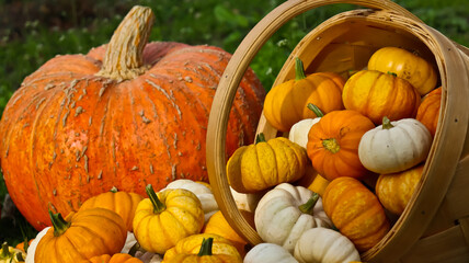 A composition of pumpkins of various sizes, shapes, and colors against a backdrop of green grass....