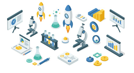 Colorful isometric science and technology icons set for data presentation