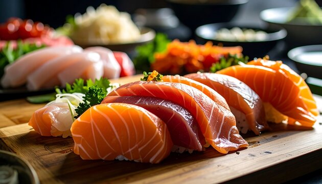Fresh sashimi platter on wooden board