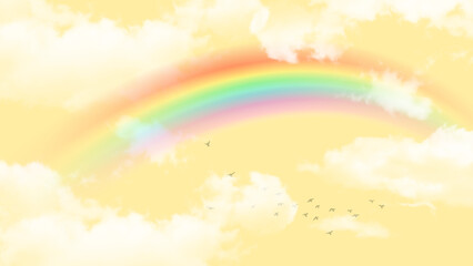 Yellow sky background with clouds , birds and rainbow laptop, ipad background