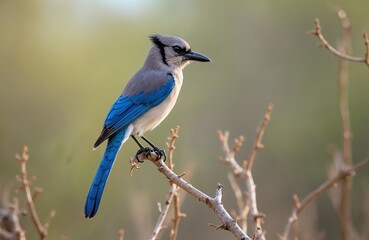 Obraz premium Florida Scrub Jay poses on branch. Blue bird sits on twig. Wildlife animal looks around in nature park. Birdwatching theme. Avian creature in wild habitat. Ornithology, zoology projects illustration.
