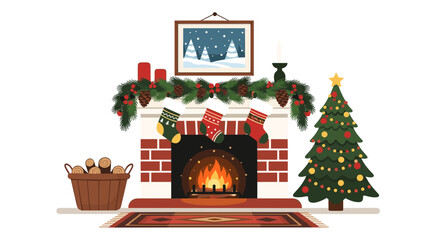 Cozy Christmas fireplace scene with decorated tree and stockings isolated on transparent background