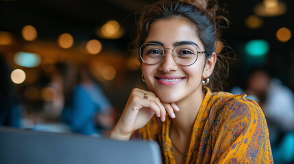 A happy young woman or student wearing glasses, part of a diverse community, working on a laptop at home, diversity, inclusivity, interracial couples, plus-size models, online lear