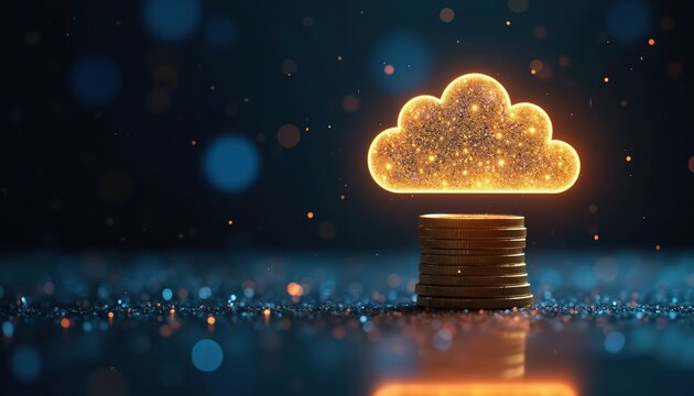 Conceptual photo of cloud above coin stack representing cloud cost budgeting or optimization. Digital finance business model. Monetary concept of investment strategy in futuristic tech.
