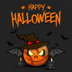 Happy Halloween. Template design. Baseball ball in the form of a pumpkinin in witch hat with bat wings and candles on an isolated background. Pattern for poster, greeting card. Vector illustration