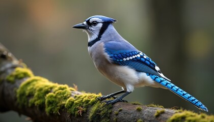 Blue jay bird with vibrant blue plumage perches on mossy tree branch. Crest up, black markings visible. Wild songbird observes quiet forest surroundings. Colorful animal rests peacefully outdoors.