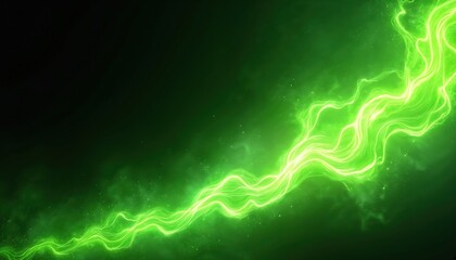 Bright green abstract energy lines streak across dark background. Flowing fluid motion creates vibrant light patterns. Dynamic glowing wave effect with scattered star-like particles.