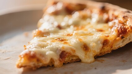 Close-up shot of a delicious cheesy pizza slice on a plate, ready to eat.