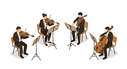 Isometric quartet performing classical music with string instruments