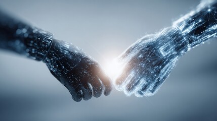 Robotic hands nearly touching, glowing, symbolic of tech advancement and connection