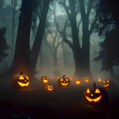 halloween background with pumpkin, jack o lanterns in a forest at night