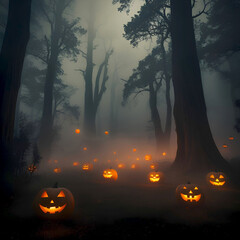 halloween background with pumpkin, jack o lanterns in a forest at night