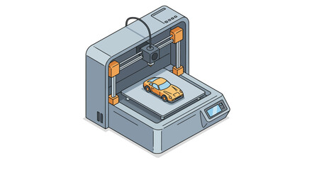 Fototapeta premium Isometric 3d printer creating miniature car model with precision technology