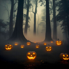 halloween background with pumpkin, jack o lanterns in a forest at night