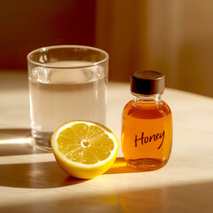 A glass of water, half lemon and honey on the table.