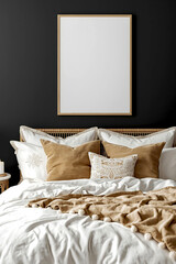 double bed with pillows and a blank picture frame 