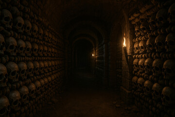 Fototapeta premium Dare to explore this eerie underground crypt illuminated by flickering torchlight, perfect for adding a chilling atmosphere to your next horror project
