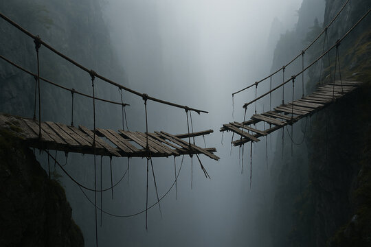 Fototapeta Eerie broken rope bridge disappearing into the misty mountain abyss, perfect for conveying risk, adventure, or a journey into the unknown with its dramatic mood