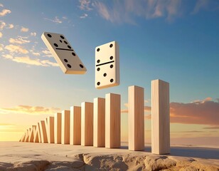 Dominoes falling in desert at sunset
