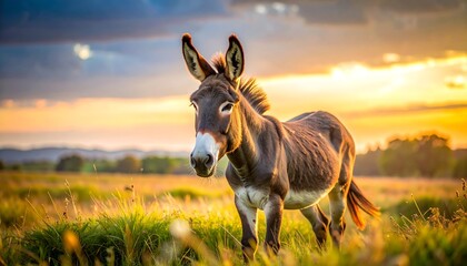 Donkey at sunset in a field