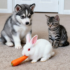 Witness the heartwarming scene of an adorable Husky Puppy and a cute Kitten curiously observing a fluffy white Bunny as it munches on a bright orange Carrot.  
