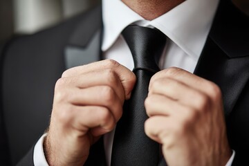 Close-up of a man in a tuxedo adjusting his tie, symbolizing preparation for a formal event, highlighting attention to detail and sophisticated style for a special occasion.