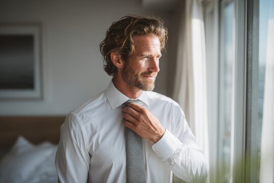 Handsome man in a white shirt adjusting his tie, looking thoughtfully out of the window of his hotel room, getting ready for an important meeting with success. - Powered by Adobe